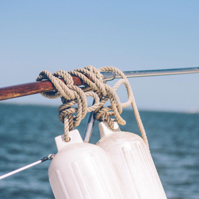 detail view of a boat rope in front of the sea